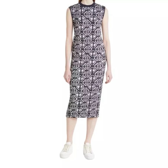 Hugo Boss Feyres Geo Pattern Ribbed Sheath Dress In Midnight Fantasy - Picture 1 of 13